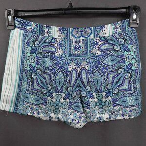 Womens Shorts Small Blue Paisley Satin Artsy Boho Festival Statement Retro NEW
